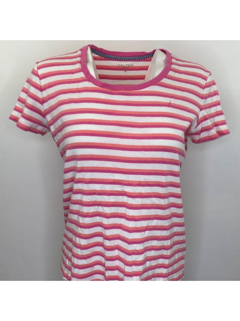 Nautica Womens Pink Orange White Striped Summer T-Shirt Top Size Large